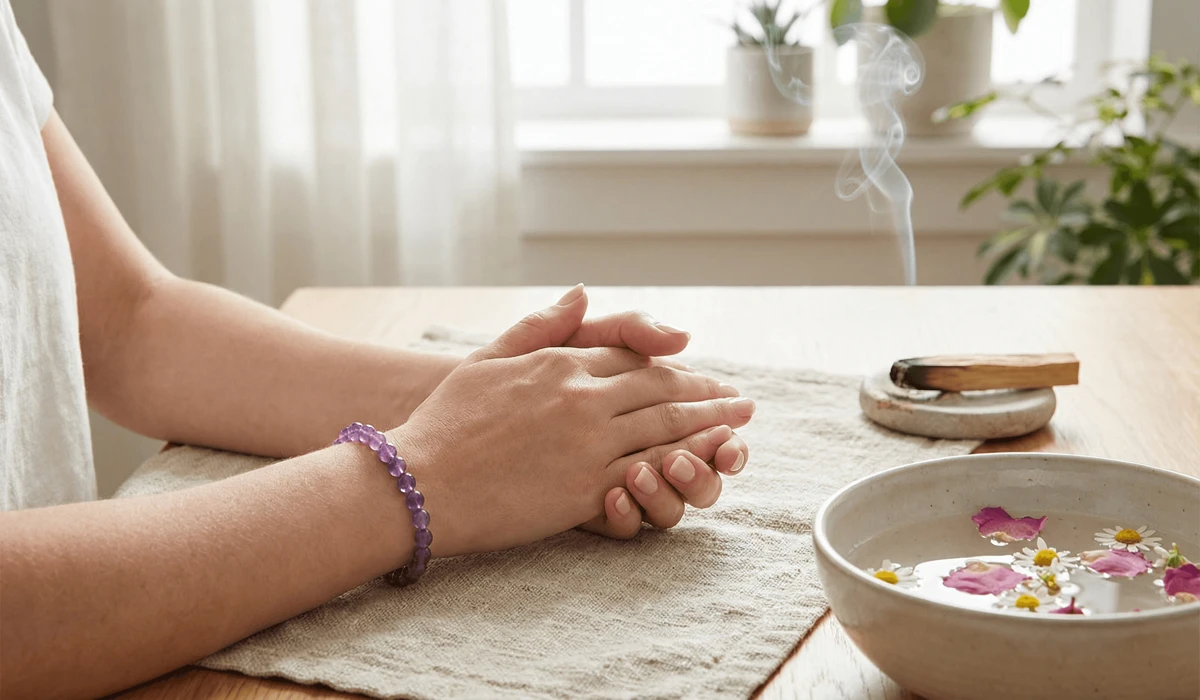 How Amethyst Bracelets Can Help Soothe Anxiety and Improve Sleep 4 - Buddha Bodhis A woman wearing an amethyst bracelet on her left wrist during an energy cleansing ritual with smoke and water.