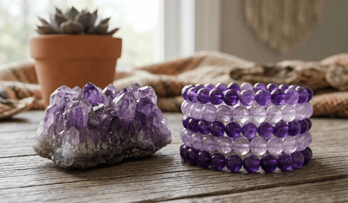 How Amethyst Bracelets Can Help Soothe Anxiety and Improve Sleep - Buddha Bodhis Natural amethyst crystal cluster and polished beaded bracelet showing deep purple quartz characteristics.