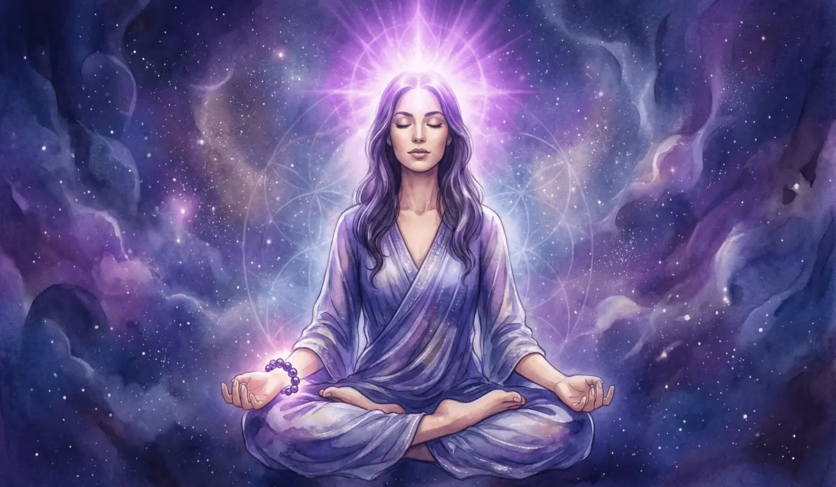 How Amethyst Bracelets Can Help Soothe Anxiety and Improve Sleep 1 - Buddha Bodhis Visual representation of amethyst connecting to the crown chakra during meditation for spiritual protection.