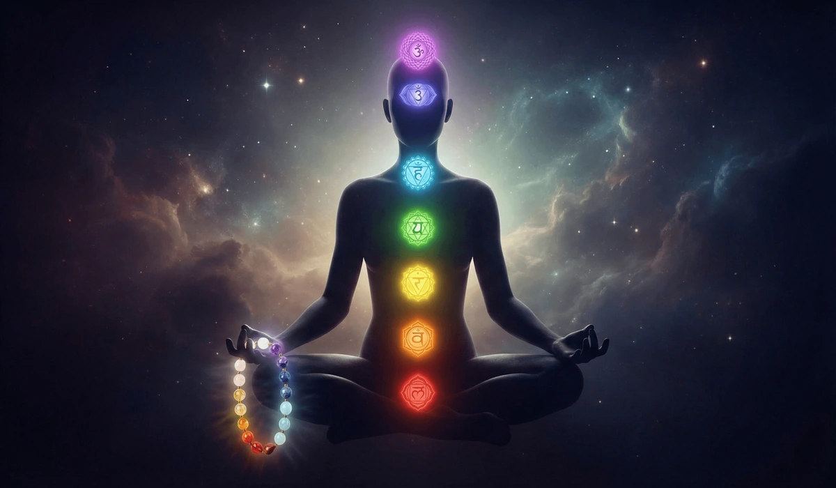How to Use 7 Chakra Mala Beads for Energy Balancing and Meditation 1 - Buddha Bodhis A spiritual illustration of the 7 chakra system aligned with the gemstone colors of a mala during meditation for energy balancing.