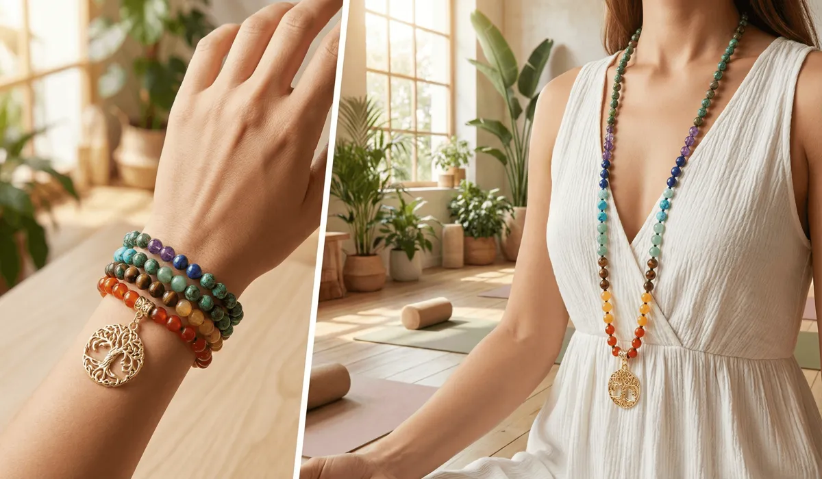 How to Use 7 Chakra Mala Beads for Energy Balancing and Meditation 2 - Buddha Bodhis A comparison showing a 7 chakra gemstone mala worn as a wrap bracelet on the wrist and as a spiritual necklace.