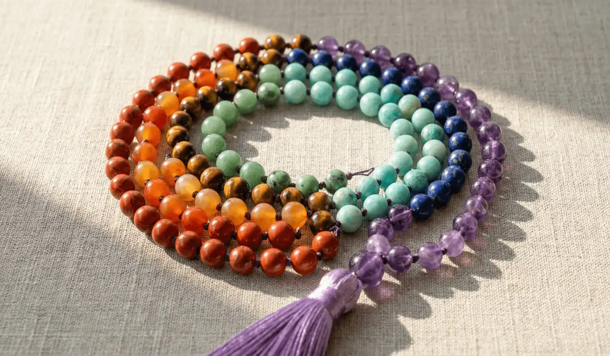 How to Use 7 Chakra Mala Beads for Energy Balancing and Meditation - Buddha Bodhis A 108-bead 7 Chakra Gemstone Mala featuring a rainbow gradient of natural stones from red jasper to amethyst with a purple silk tassel.