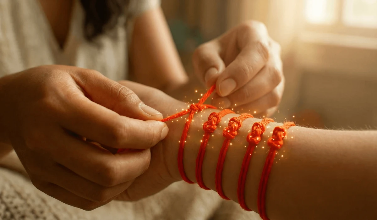 The Spiritual Significance and Meaning of the Red String Bracelet 2 - Buddha Bodhis A close-up of a loved one tying the traditional seven knots of a red string on a left wrist for spiritual activation.