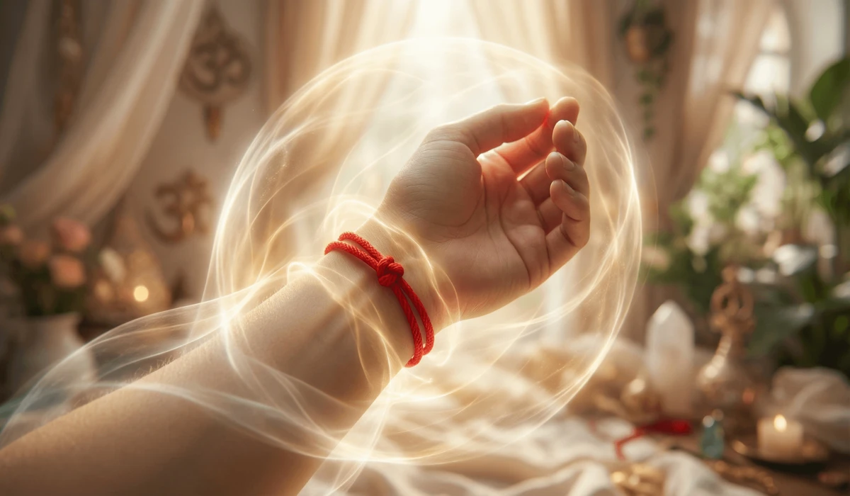 The Spiritual Significance and Meaning of the Red String Bracelet - Buddha Bodhis A spiritual red string on a left wrist acting as a protective energy shield against negative influences.
