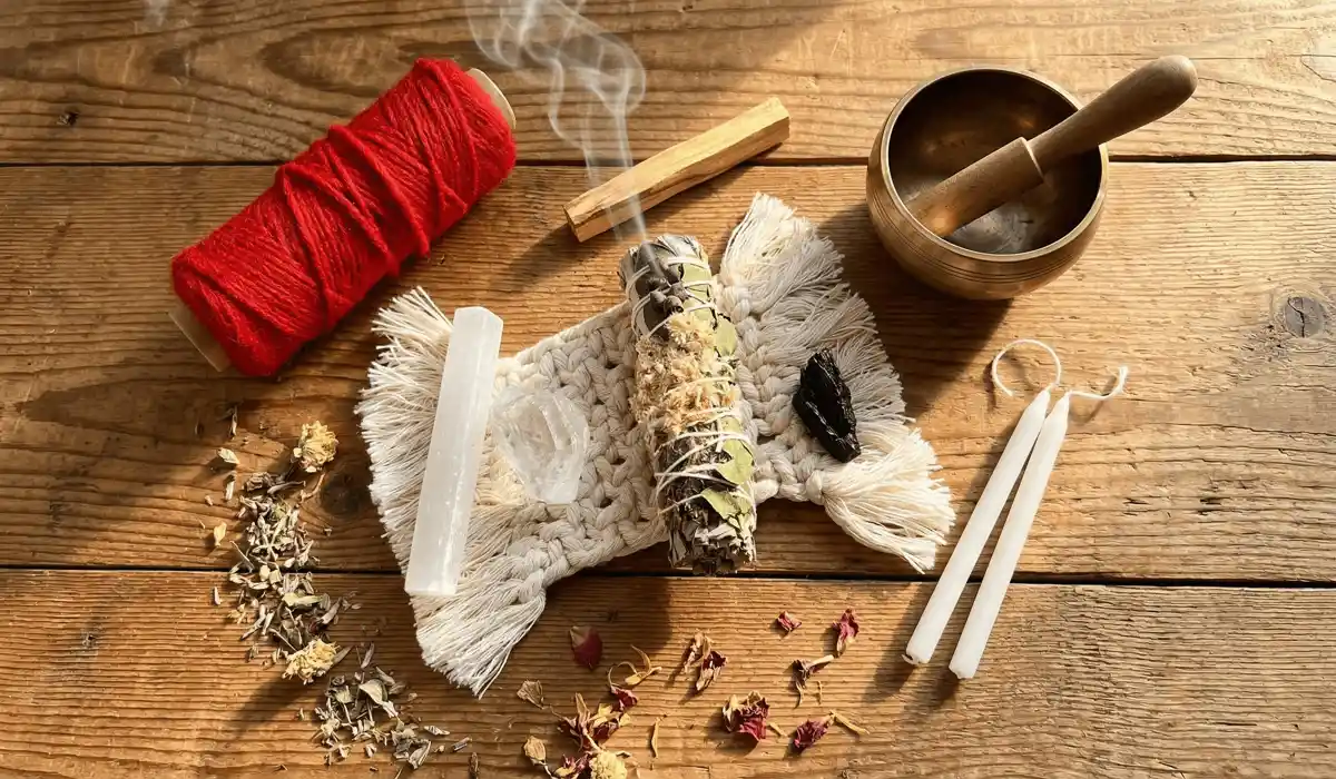 The Spiritual Significance and Meaning of the Red String Bracelet 1 - Buddha Bodhis Essential tools for the red string ritual including scarlet wool, white sage, and a singing bowl for energy cleansing.
