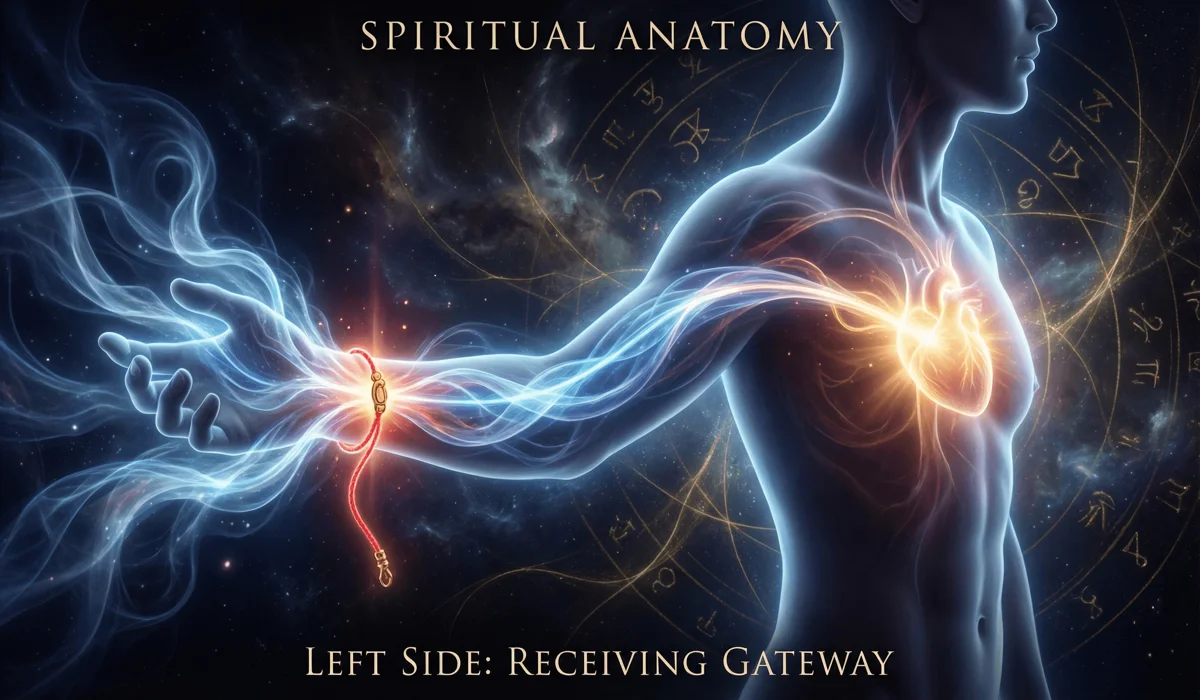 The Spiritual Significance and Meaning of the Red String Bracelet 3 - Buddha Bodhis Illustration of the left wrist as the spiritual receiving side where the red string filters incoming energy toward the heart.