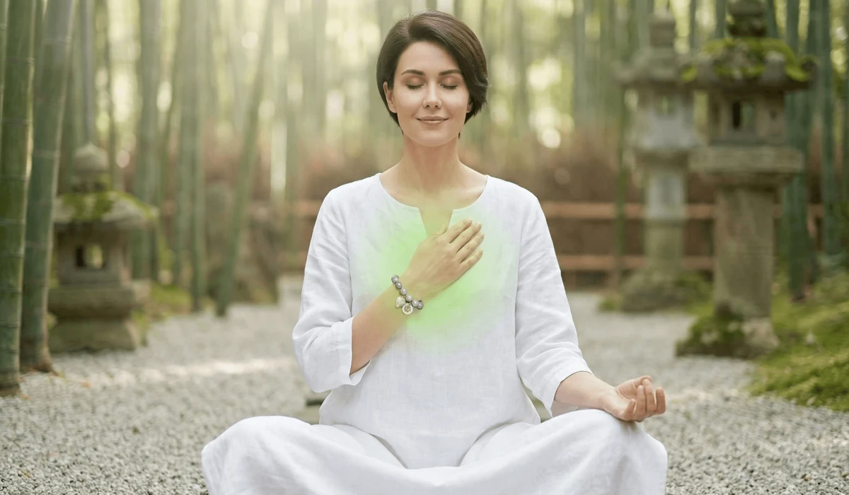 The Meaning of Jade Bracelets: A Guide to Symbolism, Serenity, and Longevity 1 - Buddha Bodhis A woman wearing a jade bracelet on her left wrist for heart chakra healing and spiritual energy balance.