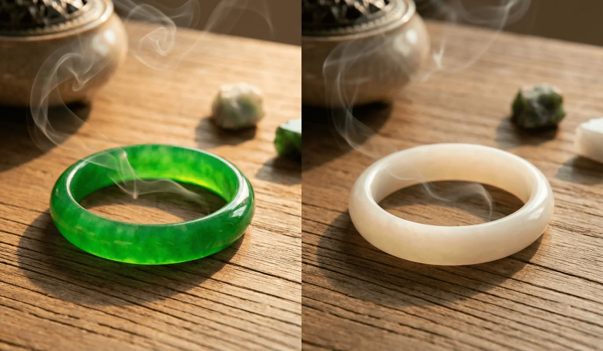 The Meaning of Jade Bracelets: A Guide to Symbolism, Serenity, and Longevity 2 - Buddha Bodhis Comparison of vibrant green jadeite and creamy white nephrite bracelets showing different spiritual properties and textures.