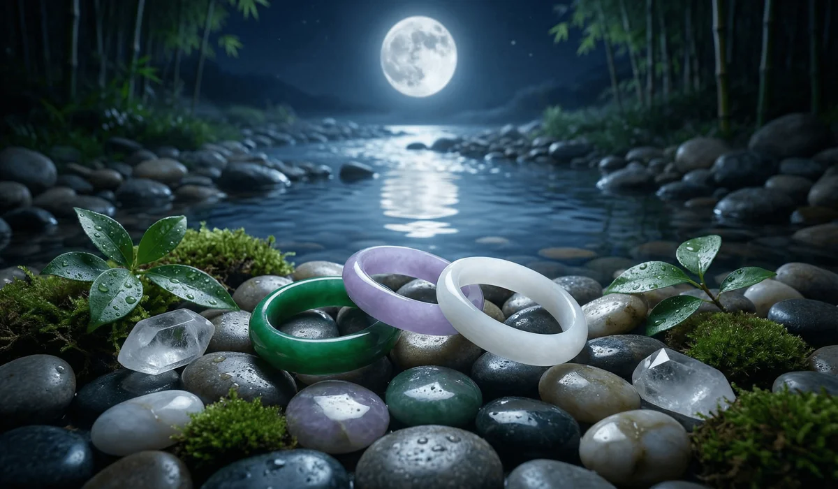 The Meaning of Jade Bracelets: A Guide to Symbolism, Serenity, and Longevity 3 - Buddha Bodhis Green, lavender, and white jade bracelets arranged on river stones to illustrate different color meanings and cleansing rituals.