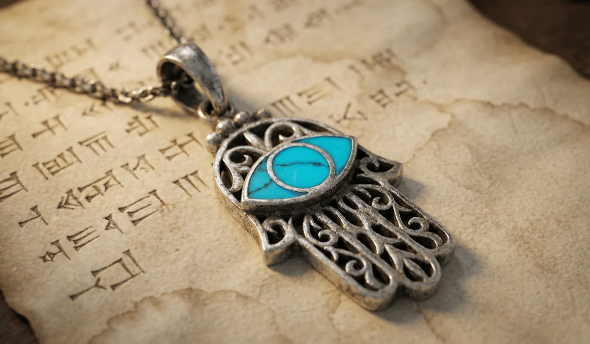 The Hamsa Hand: Spiritual Meaning and the Benefits of Wearing This Ancient Symbol of Protection - Buddha Bodhis Ancient silver Hamsa hand pendant with a turquoise eye inlay resting on historical parchment, symbolizing its Mesopotamian origins and protective power.