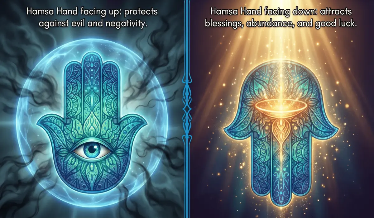 The Hamsa Hand: Spiritual Meaning and the Benefits of Wearing This Ancient Symbol of Protection 1 - Buddha Bodhis Graphic comparison showing the Hamsa hand facing up for protection against negativity and facing down to receive divine blessings and luck.
