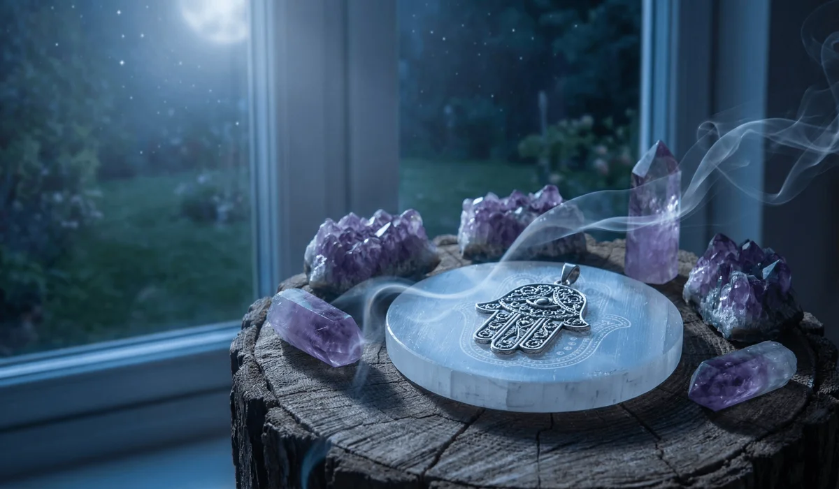 The Hamsa Hand: Spiritual Meaning and the Benefits of Wearing This Ancient Symbol of Protection 3 - Buddha Bodhis Hamsa hand jewelry being cleansed with sage smoke on a selenite charging plate to reset its spiritual energy and protective properties.