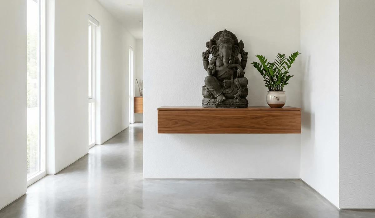 The Complete Guide to Ganesha Placement: Best Direction and Vastu Tips for Your Home Entrance 3 - Buddha Bodhis Clean and clutter-free home entrance with Ganesha idol placed at eye level away from shoe racks.