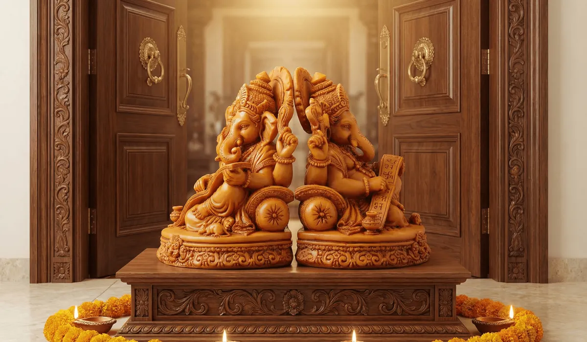 The Complete Guide to Ganesha Placement: Best Direction and Vastu Tips for Your Home Entrance 1 - Buddha Bodhis Two Ganesha idols placed back-to-back at a house entrance according to Vastu Shastra to ensure prosperity faces inward.