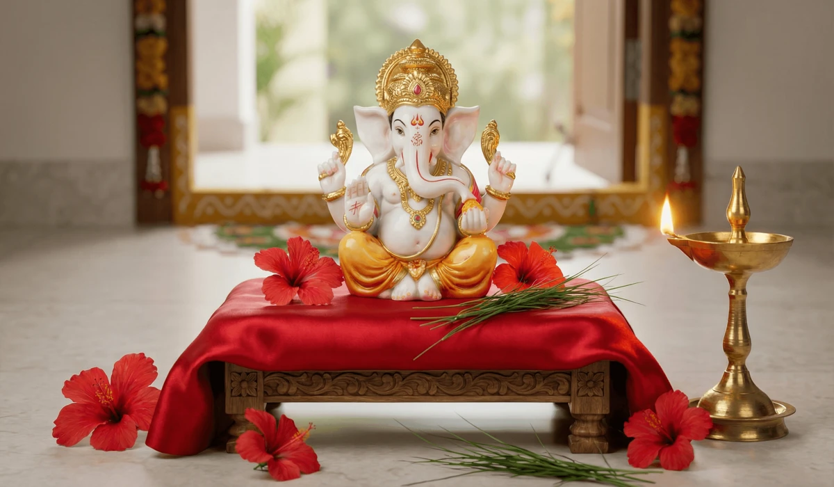 The Complete Guide to Ganesha Placement: Best Direction and Vastu Tips for Your Home Entrance - Buddha Bodhis White marble Ganesha idol on red silk with hibiscus flowers and a diya lamp prepared for home entrance installation.
