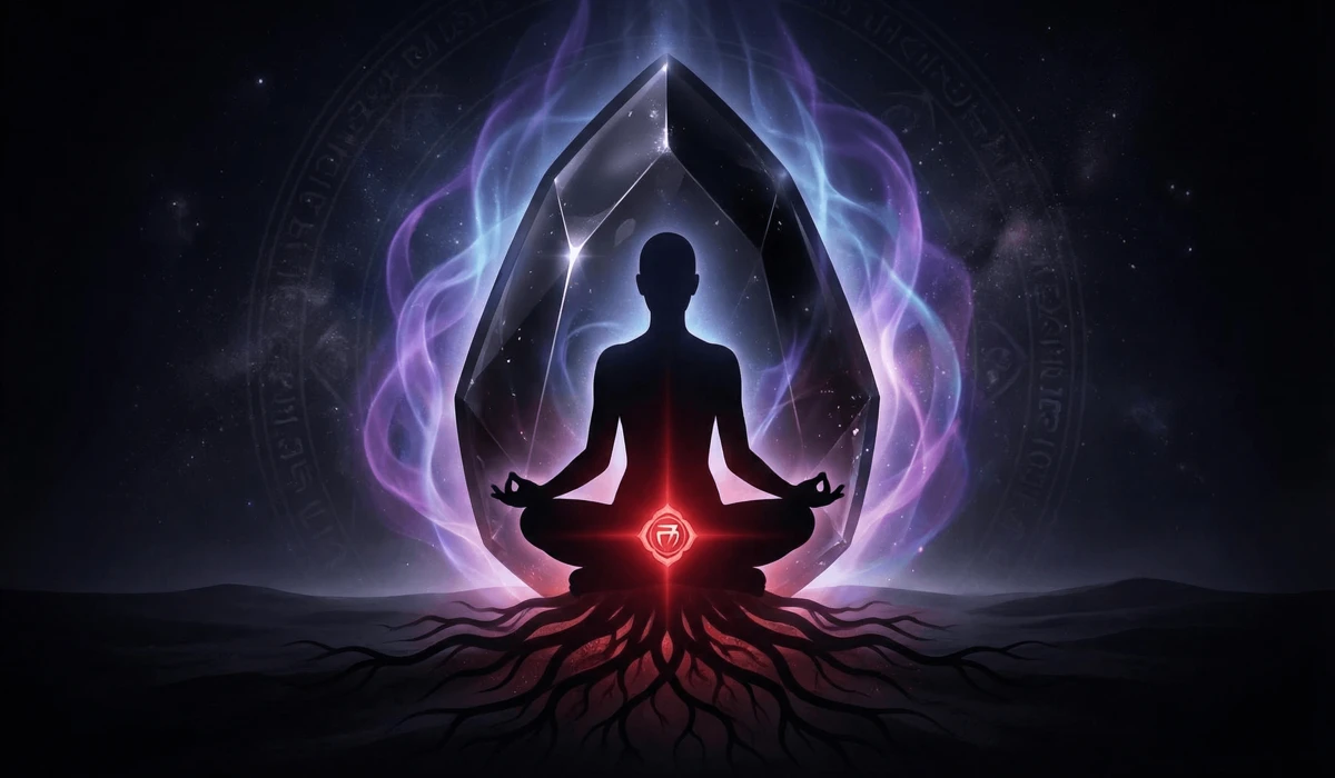 The Meaning of Wearing Black Obsidian on the Right Hand: Protection and Release Rules 1 - Buddha Bodhis Digital illustration of a protective energy shield and root chakra grounding, symbolizing the spiritual meaning of black obsidian.