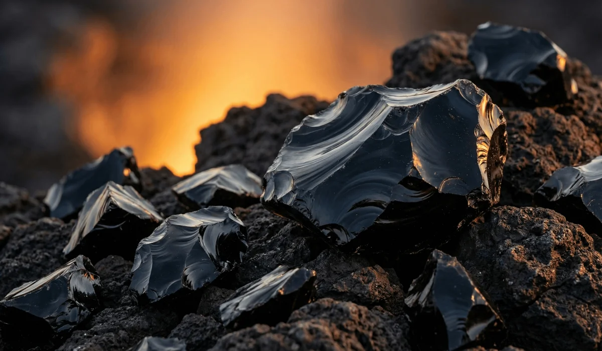 The Meaning of Wearing Black Obsidian on the Right Hand: Protection and Release Rules - Buddha Bodhis A close-up of raw black obsidian volcanic glass showing its smooth, reflective surface and sharp edges on volcanic soil.