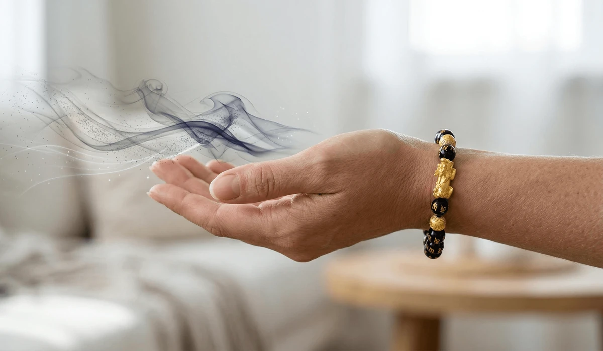 The Meaning of Wearing Black Obsidian on the Right Hand: Protection and Release Rules 2 - Buddha Bodhis Close-up of a black obsidian bracelet on the right hand, illustrating the Feng Shui principle of releasing energy.