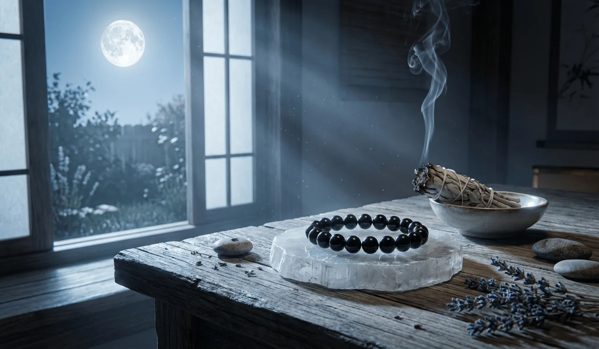 The Meaning of Wearing Black Obsidian on the Right Hand: Protection and Release Rules 4 - Buddha Bodhis Black obsidian bracelet being cleansed with sage smoke and charged under full moonlight to restore its protective properties.