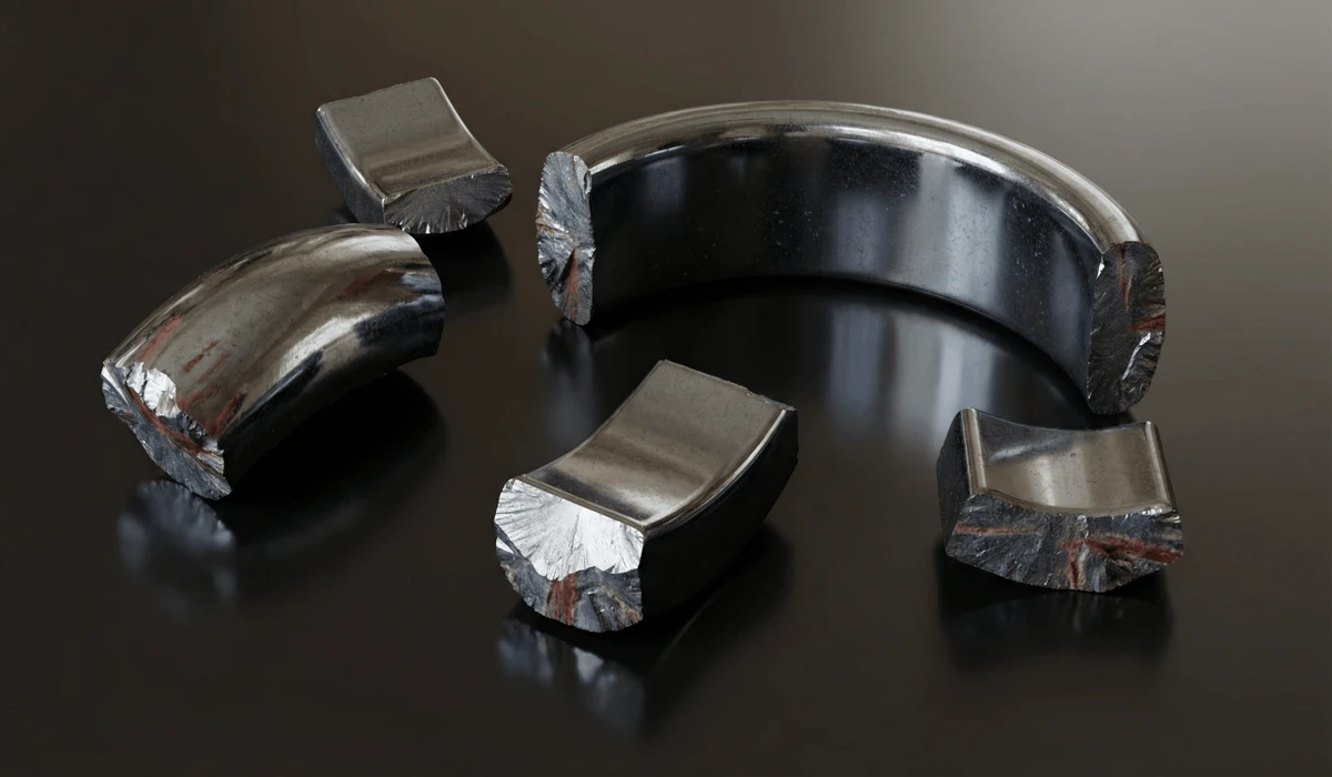 The Spiritual and Physical Reasons Why Your Hematite Ring Broke - Buddha Bodhis A broken hematite ring showing its brittle crystalline structure and metallic luster on a dark background.