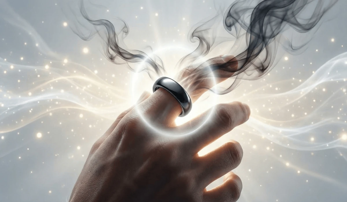 The Spiritual and Physical Reasons Why Your Hematite Ring Broke 1 - Buddha Bodhis Spiritual concept of a hematite ring absorbing negative energy and acting as a protective shield for the wearer.