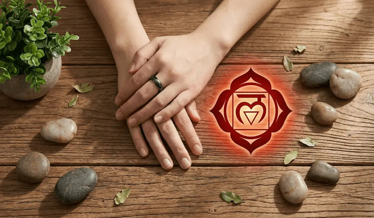 The Spiritual and Physical Reasons Why Your Hematite Ring Broke 2 - Buddha Bodhis Hematite ring worn for Root Chakra alignment and grounding energy on a natural wooden background.