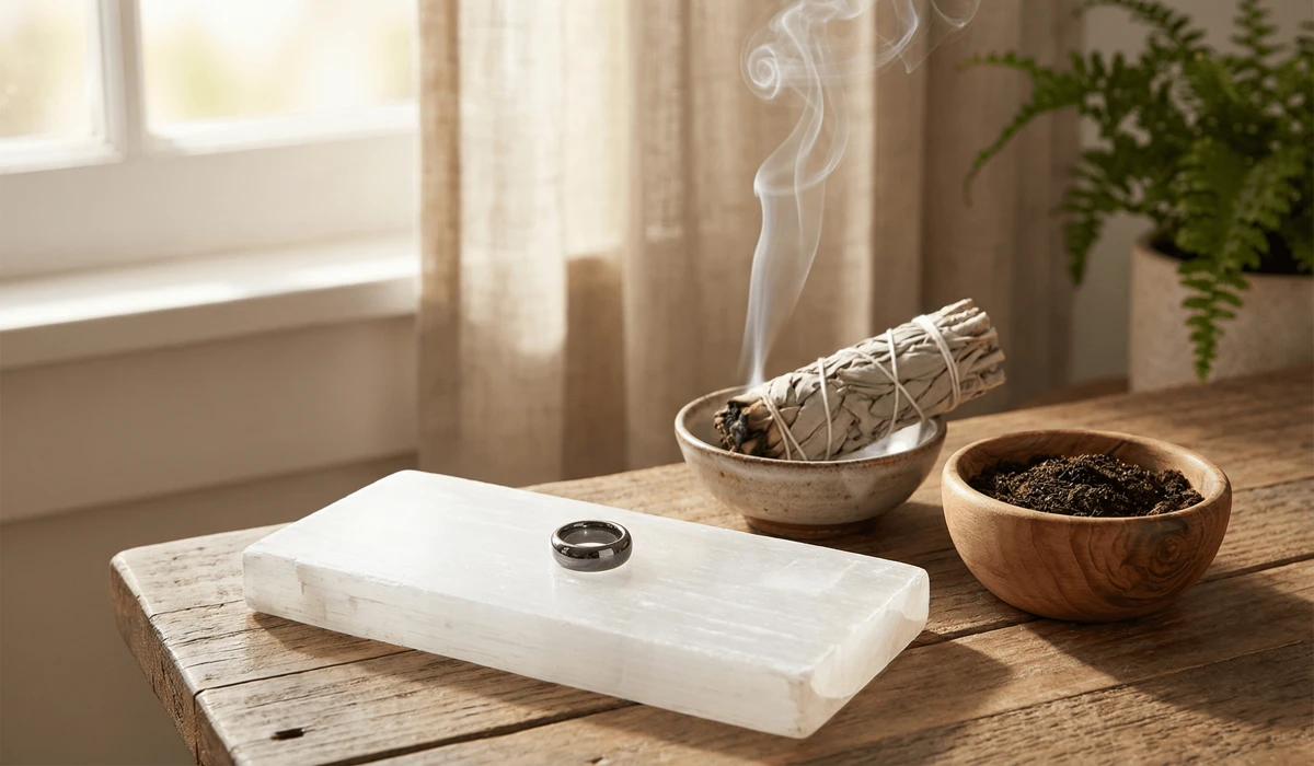 The Spiritual and Physical Reasons Why Your Hematite Ring Broke 3 - Buddha Bodhis Cleansing and charging a hematite ring using a selenite plate and sage smoke to maintain its energy.