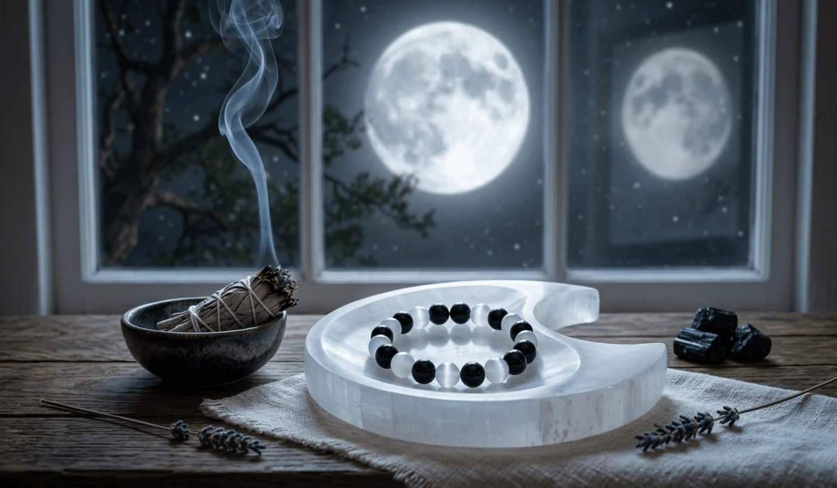 Which Hand to Wear a Black Tourmaline Bracelet: Left or Right Wrist? 4 - Buddha Bodhis A black tourmaline bracelet being cleansed with sage smoke and charged on a selenite plate under moonlight.
