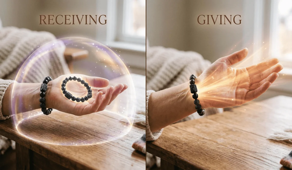 Which Hand to Wear a Black Tourmaline Bracelet: Left or Right Wrist? 2 - Buddha Bodhis Visual guide showing the difference between wearing a black tourmaline bracelet on the left wrist for protection versus the right wrist for projecting energy.