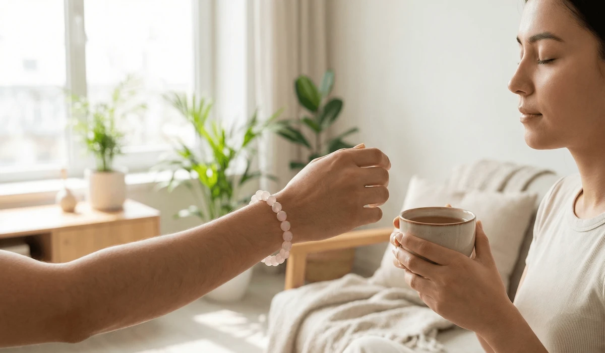 Which Hand Should You Wear a Mala Bracelet On? Left vs. Right Meaning 2 - Buddha Bodhis A person wearing a rose quartz mala bracelet on the left wrist as a mindfulness reminder during daily activities.
