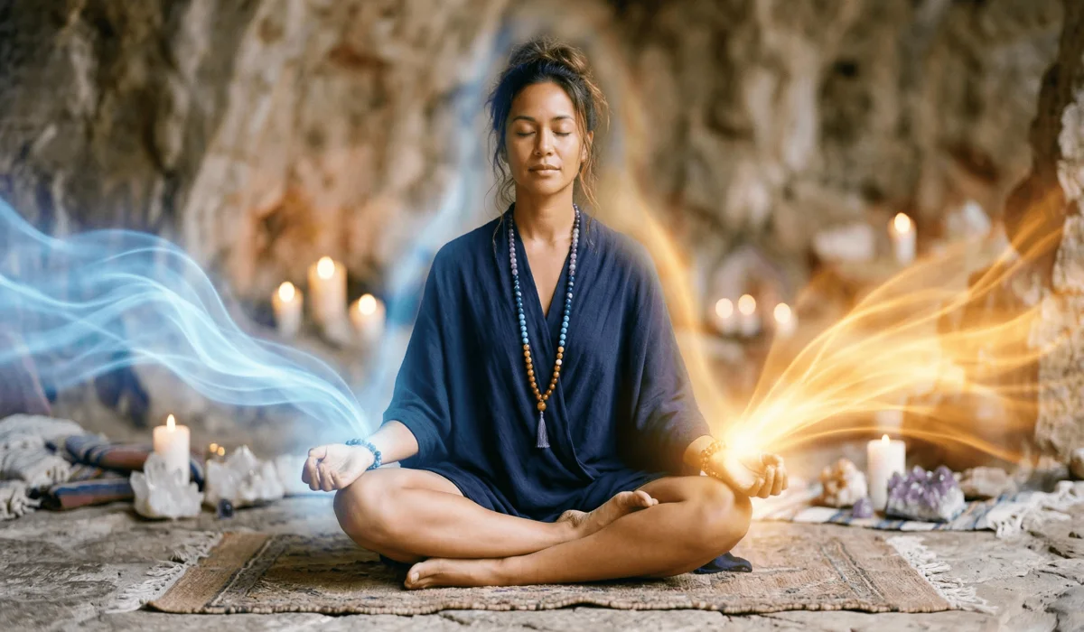 Which Hand Should You Wear a Mala Bracelet On? Left vs. Right Meaning 1 - Buddha Bodhis An artistic representation of the receiving and giving energy flow associated with wearing a mala bracelet on the left versus right wrist.