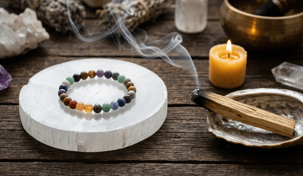 Which Hand Should You Wear a Mala Bracelet On? Left vs. Right Meaning 3 - Buddha Bodhis Cleansing a gemstone mala bracelet with Palo Santo smoke and a selenite plate to reset its spiritual energy.