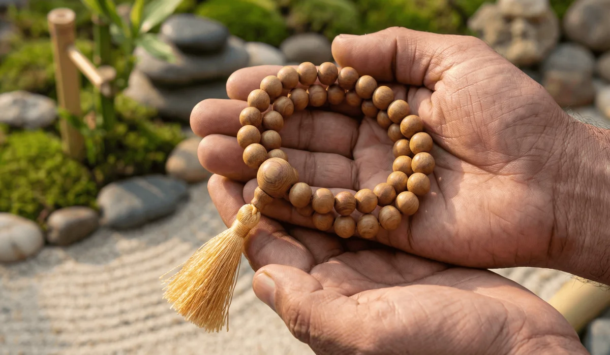 Which Hand Should You Wear a Mala Bracelet On? Left vs. Right Meaning - Buddha Bodhis A close-up of a 27-bead sandalwood wrist mala with a guru bead and silk tassel, representing traditional spiritual materials.