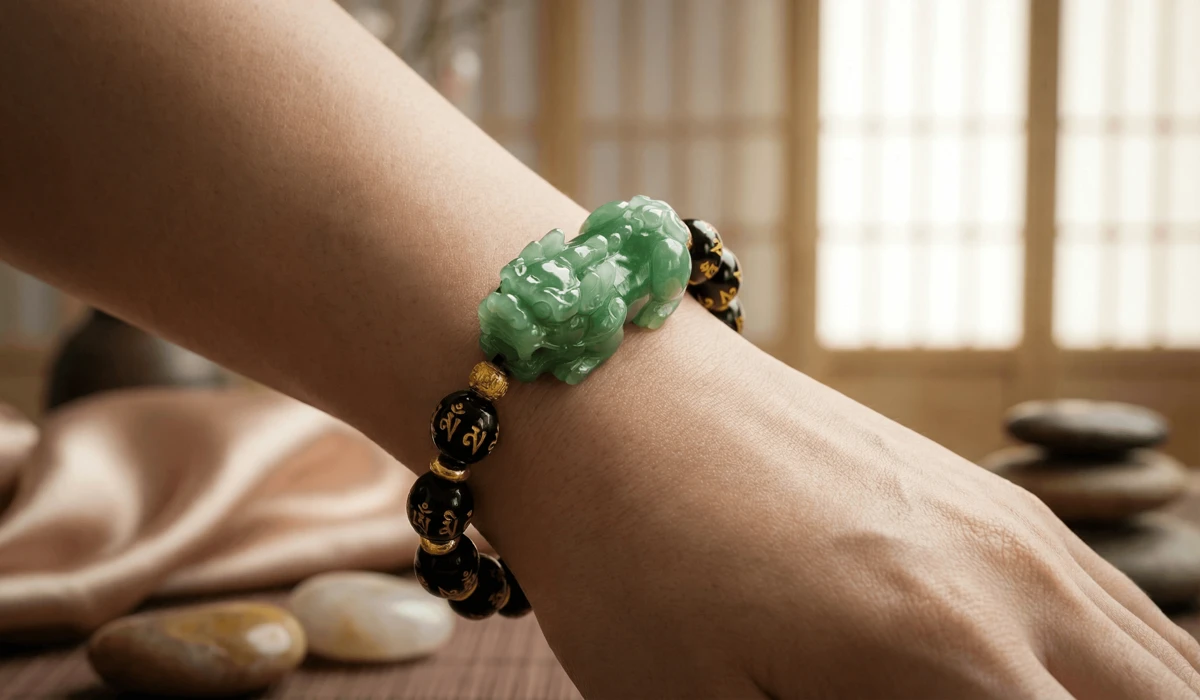 Which Direction Should Your Pixiu Face? The Essential Outward Placement Rule - Buddha Bodhis Correct orientation of a Pixiu bracelet on the left wrist with the head facing the pinky finger to attract wealth.