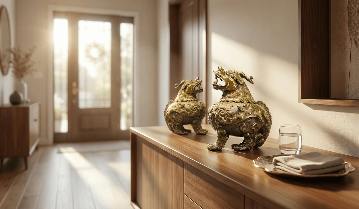 Which Direction Should Your Pixiu Face? The Essential Outward Placement Rule 2 - Buddha Bodhis Pixiu statues positioned diagonally facing the main entrance to capture positive energy and wealth.