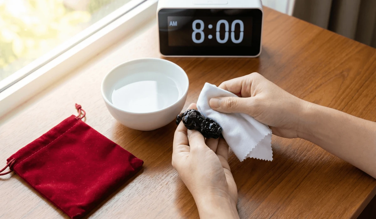 Which Direction Should Your Pixiu Face? The Essential Outward Placement Rule 3 - Buddha Bodhis A spiritual cleansing ritual for a Pixiu amulet using water and a cloth to maintain its wealth-attracting power.