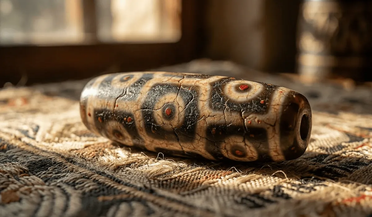 The Spiritual Meaning of a Broken Dzi Bead and What to Do Next - Buddha Bodhis Authentic ancient Tibetan nine-eyed Dzi bead with weathered agate texture on silk fabric.