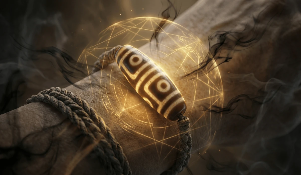 The Spiritual Meaning of a Broken Dzi Bead and What to Do Next 1 - Buddha Bodhis Conceptual visualization of a Dzi bead acting as a spiritual shield against negative energy.