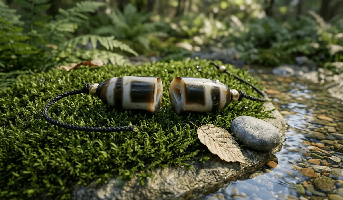 The Spiritual Meaning of a Broken Dzi Bead and What to Do Next 4 - Buddha Bodhis A broken Dzi bead resting on green moss by a stream, representing the completion of its protective cycle.