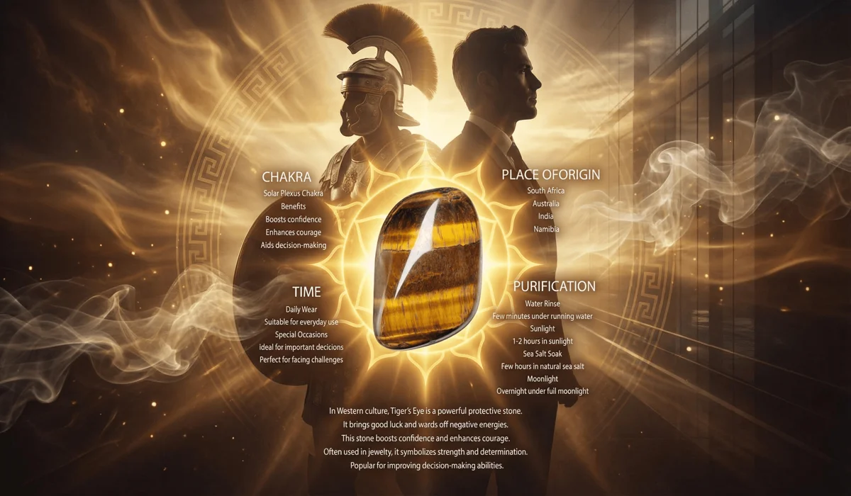 How Tiger’s Eye Bracelets Support Male Career Success and Inner Courage 1 - Buddha Bodhis Conceptual artwork of Tiger's Eye as a warrior stone, illustrating the connection between ancient bravery and modern professional leadership through the solar plexus chakra.