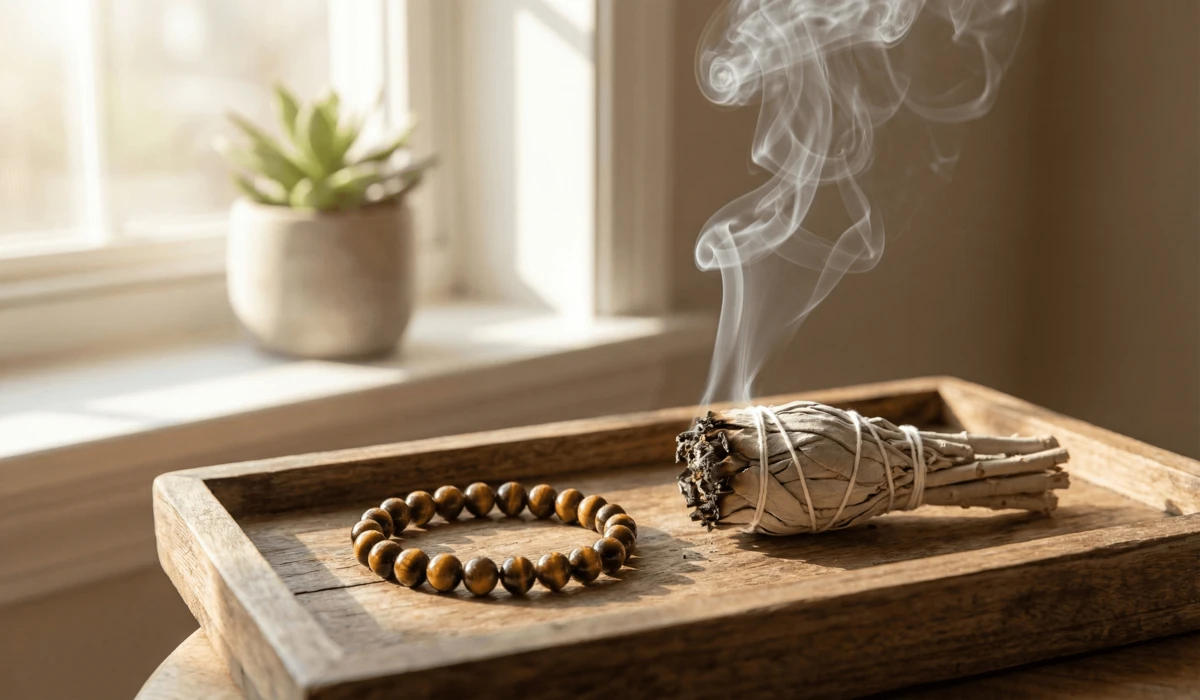 How Tiger’s Eye Bracelets Support Male Career Success and Inner Courage 3 - Buddha Bodhis Tiger's Eye bracelet on a wooden tray being cleansed with sage smoke and charged by sunlight, representing the maintenance of the stone's career-boosting energy.