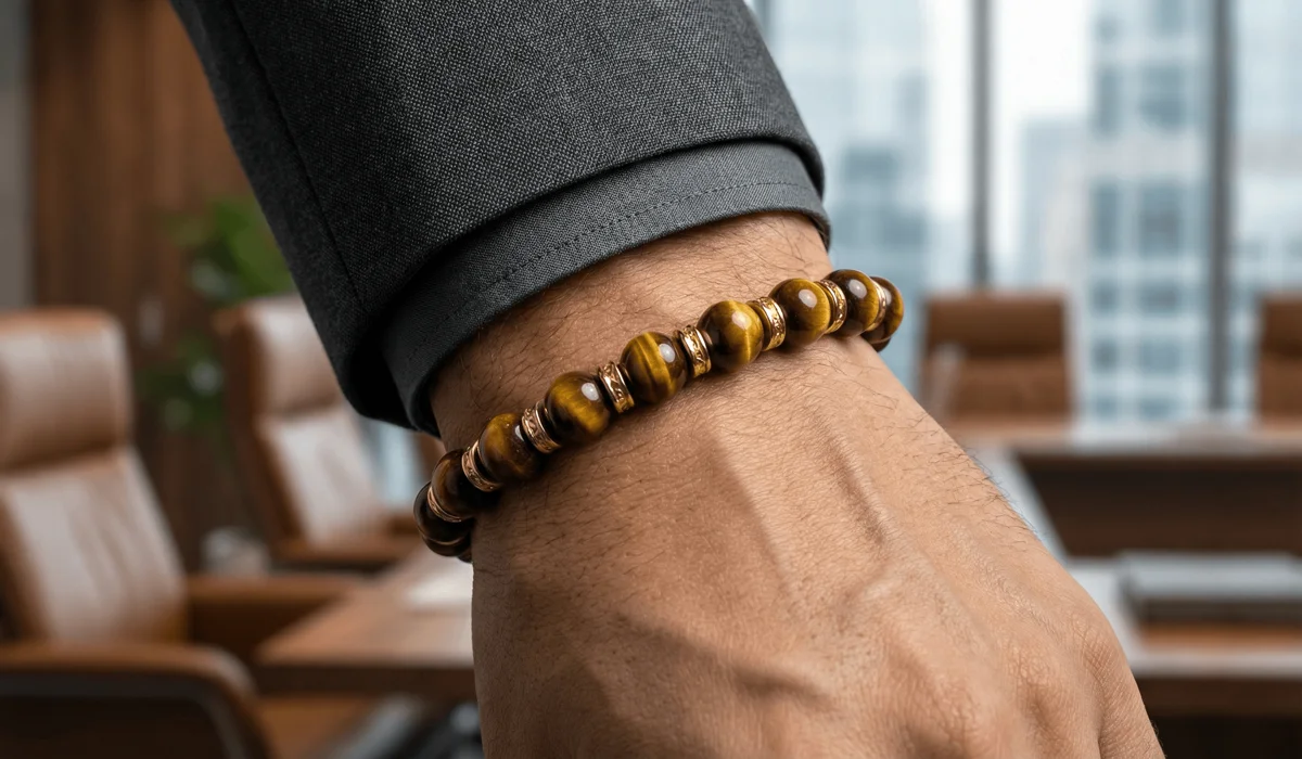 How Tiger’s Eye Bracelets Support Male Career Success and Inner Courage - Buddha Bodhis Close-up of a Tiger's Eye bracelet on a businessman's wrist, highlighting the golden-brown chatoyant beads and professional office attire.