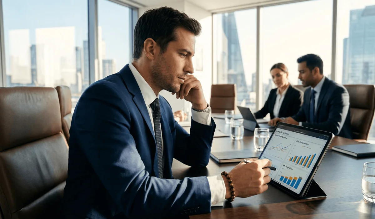 How Tiger’s Eye Bracelets Support Male Career Success and Inner Courage 2 - Buddha Bodhis A professional man wearing a Tiger's Eye bracelet in a boardroom setting, symbolizing mental clarity and empowerment during business negotiations.