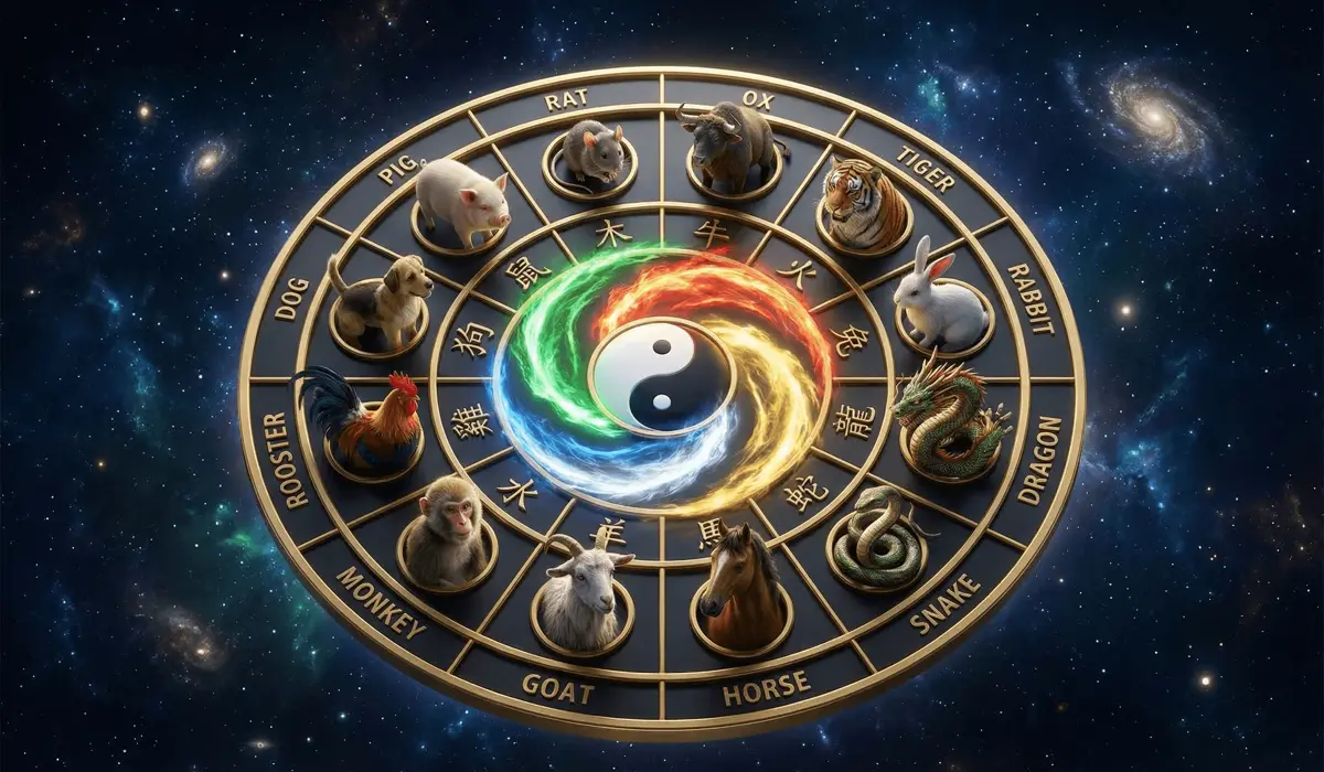 The 8 Guardian Buddhas: Discover Your Chinese Zodiac Protector and Their Meanings - Buddha Bodhis A celestial wheel of the 12 Chinese Zodiac signs representing their core personalities and five elemental natures.