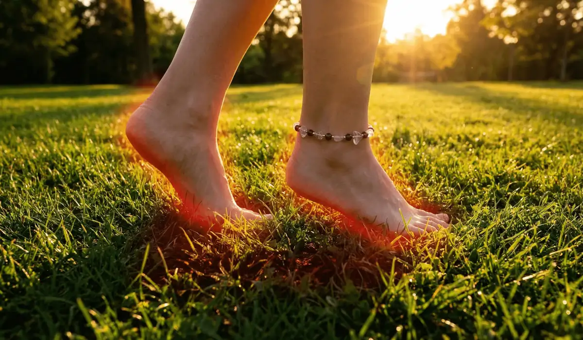 The Spiritual Meaning of a Broken Anklet: Understanding the Signs and Symbolism 1 - Buddha Bodhis Bare feet walking on grass with a glowing red Root Chakra aura and a spiritual anklet, representing grounding and stability.