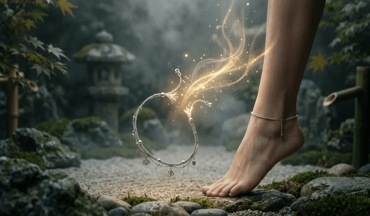 The Spiritual Meaning of a Broken Anklet: Understanding the Signs and Symbolism - Buddha Bodhis A close-up of a silver anklet breaking suddenly with ethereal energy wisps, symbolizing spiritual release and an internal energy shift.