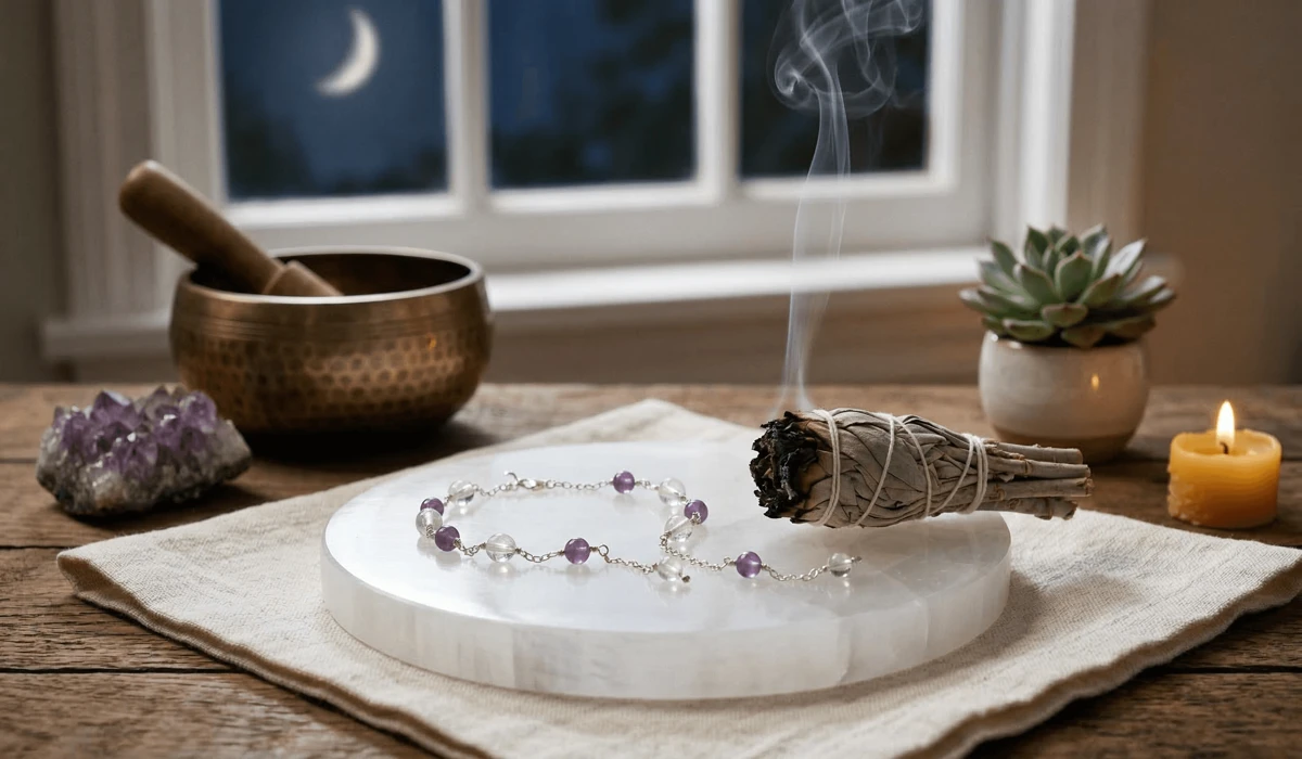 The Spiritual Meaning of a Broken Anklet: Understanding the Signs and Symbolism 3 - Buddha Bodhis A spiritual cleansing ritual for a broken anklet featuring a selenite charging plate, sage smoke, and crystal beads.