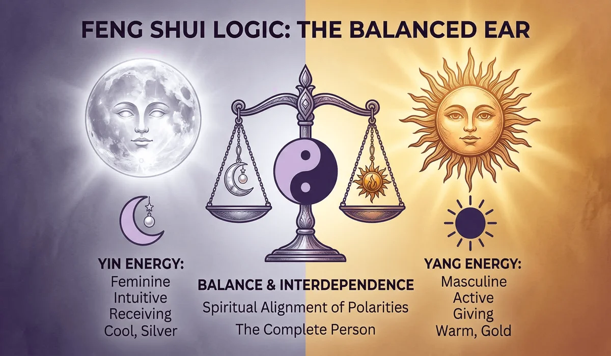 The Spiritual Significance of Losing an Earring: Messages and Hidden Meanings 2 - Buddha Bodhis A visual representation of the spiritual differences between the left and right ear energies using moon and sun symbolism.