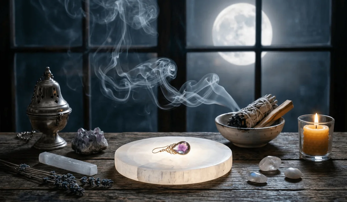 The Spiritual Significance of Losing an Earring: Messages and Hidden Meanings 4 - Buddha Bodhis A gemstone earring being spiritually cleansed with sage smoke and charged on a selenite plate under the light of a full moon.