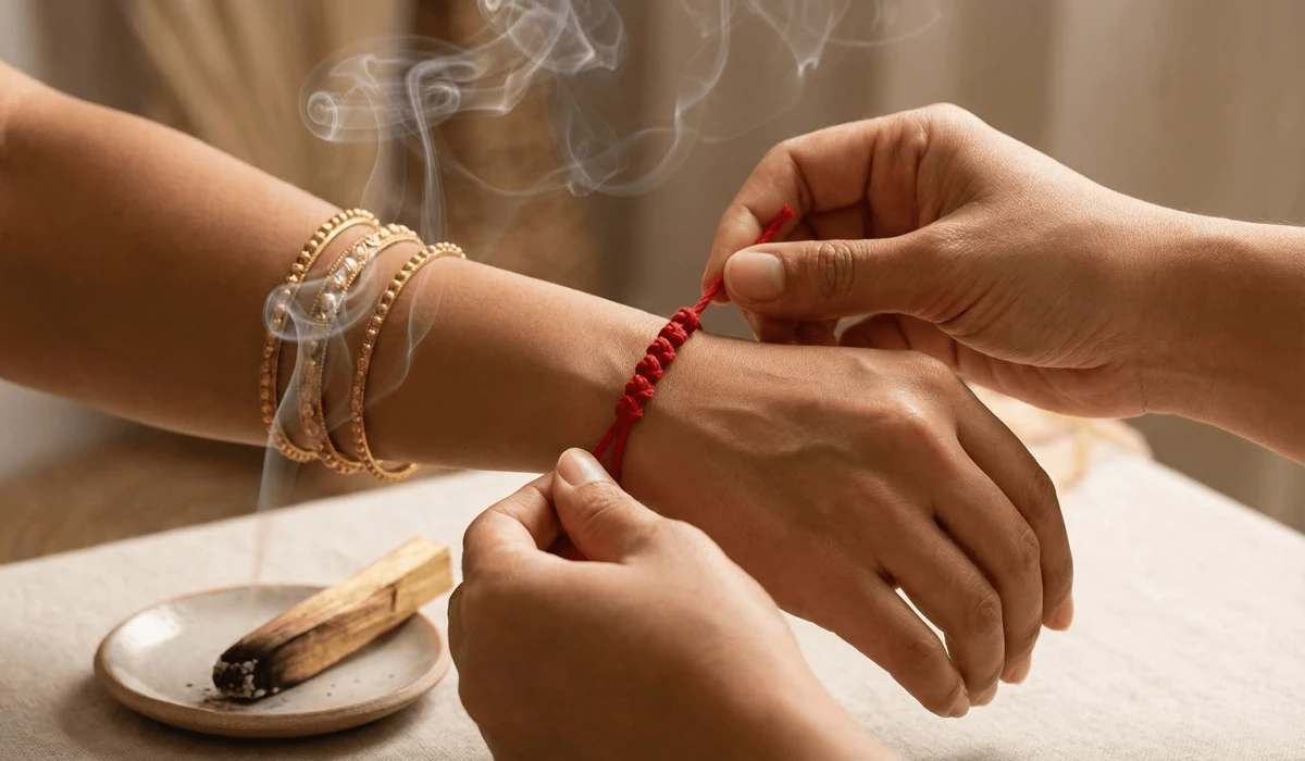 The Spiritual Meaning of Your Red String Bracelet Falling Off 2 - Buddha Bodhis A spiritual ritual of tying a red string bracelet on the left wrist for spiritual shield activation and mindful intention setting.